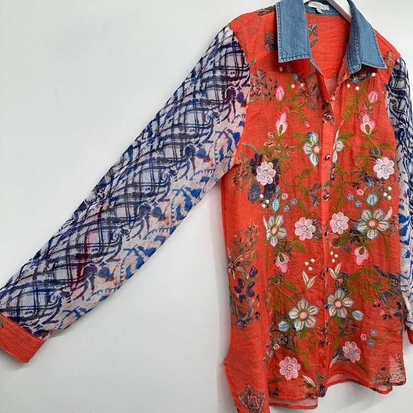 Vincente Tunic Top Shirt Blouse Size Small Embroidered Sheer Button Up Boho - Picture 2 of 16